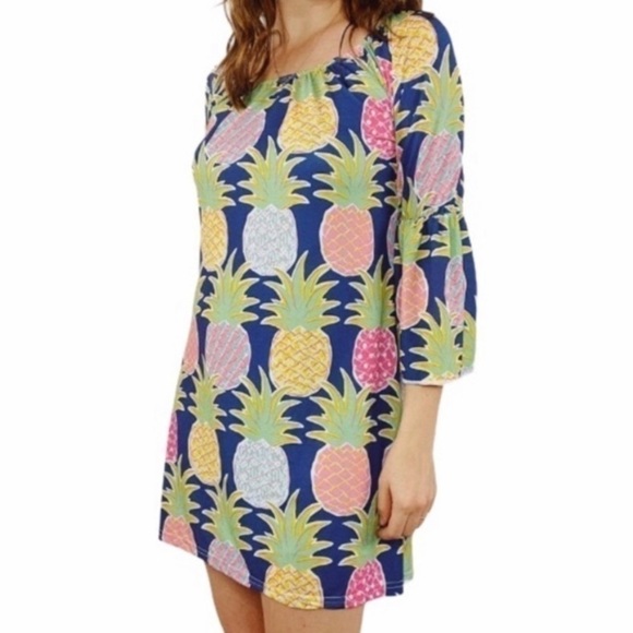 SIMPLY SOUTHERN Preppy Tropical Bell Sleeve Colorful Pineapple Mini Dress Size S - Picture 1 of 13